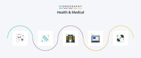 pack d'icônes santé et médical plat 5, y compris le poids. haltère. imeuble. rendez-vous. en ligne vecteur