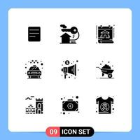 interface mobile glyphe solide ensemble de 9 pictogrammes d'éléments de conception vectoriels modifiables de service de construction publicitaire mégaphone taxi vecteur