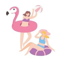 femmes d'heure d'été sur flotteur gonflable et flamant rose avec ballon vecteur