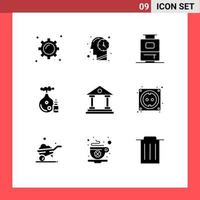 pack de 9 signes et symboles de glyphes solides modernes pour les supports d'impression Web tels que le bâtiment financier bouteille de banque de voyage éléments de conception vectoriels modifiables vecteur