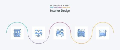 pack d'icônes de design d'intérieur bleu 5, y compris l'armoire. poêle. lieu de travail. four. cuisinier vecteur