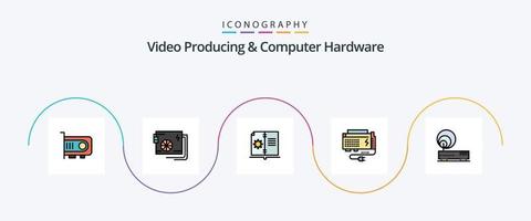 ligne de production vidéo et de matériel informatique remplie de 5 icônes plates, y compris la source. l'ordinateur. la fourniture. la batterie. instruction vecteur