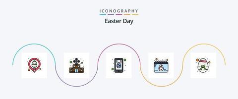 pack d'icônes plat 5 rempli de ligne de pâques, y compris l'oeuf. Oeuf. cellule. festival. calendrier vecteur