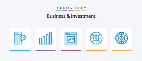 pack d'icônes bleues d'affaires et d'investissement 5, y compris le dollar. globe. la communication. monde. devise. conception d'icônes créatives vecteur