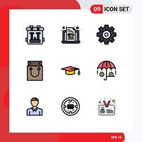 pack de 9 signes et symboles modernes de couleurs plates remplies pour les supports d'impression Web tels que le chapeau de graduation d'assurance engrenages éducation shopping éléments de conception vectoriels modifiables vecteur