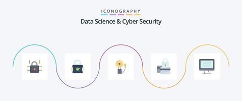 pack d'icônes plates 5 pour la science des données et la cybersécurité, y compris sécurisé. crédit. alarme. carte. intrus vecteur