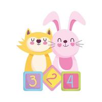 baby shower, chat lapin avec dessin animé de cubes, annonce la carte de bienvenue nouveau-né vecteur