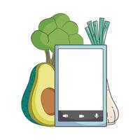Menu smartphone marché frais légumes aliments sains biologiques vecteur
