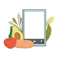 marché frais smartphone avocat carotte et pomme, fruits et légumes biologiques sains vecteur