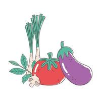 aubergine tomate et oignon frais du marché des aliments sains bio avec fruits et légumes vecteur