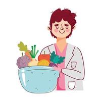 Médecin diététicien avec bol plat avec fruits et légumes, aliments sains bio vecteur