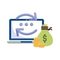 paiement en ligne, transfert de pièces de monnaie pour ordinateur portable, achats sur le marché du commerce électronique, application mobile vecteur