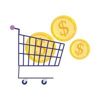 paiement en ligne, pièces d'argent dans le panier, marché du commerce électronique, application mobile