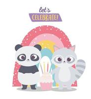 joyeux anniversaire, mignon raton laveur et panda avec dessin animé décoration cupcake et arc-en-ciel vecteur