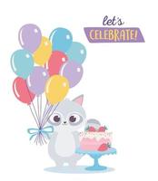 joyeux anniversaire, raton laveur mignon avec gâteau sucré et dessin animé de décoration de célébration de ballons vecteur