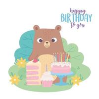 joyeux anniversaire, ours mignon avec tarte au gâteau et dessin animé décoration cupcake célébration vecteur
