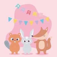 joyeux anniversaire, mignon lapin castor et renard avec fanions célébration décoration dessin animé vecteur