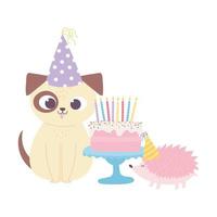 Joyeux anniversaire, hérisson de chien mignon avec gâteau et chapeaux de fête décoration dessin animé vecteur