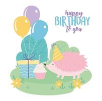 Joyeux anniversaire, hérisson mignon avec cupcake cadeau et dessin animé de décoration de célébration de ballons vecteur
