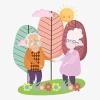 bonne fête des grands-parents, grand-père et grand-mère debout ensemble paysage fleurs arbres cartoon vecteur