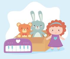 boîte en carton de jouets pour enfants avec poupée ours lapin et objet piano dessin animé amusant vecteur