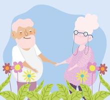 bonne fête des grands-parents, couple de personnes âgées avec dessin animé nature fleurs feuillage vecteur