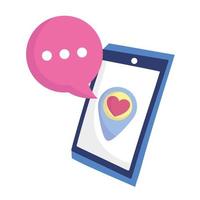 pointeur de smartphone de médias sociaux emplacement amour coeur bulle de dialogue vecteur