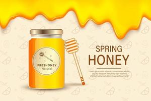miel de ferme. modèle de plaque publicitaire avec miel réaliste, fond d'emballage de produits de ferme d'aliments biologiques sains. miel de ferme, nourriture douce biologique, apiculture illustration naturelle vecteur