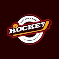 logo de sport de hockey. championnat de hockey sportif professionnel moderne ou typographie de tournoi dans un style rétro avec bâton et rondelle. emblème de conception de vecteur, insigne et conception de logo de modèle sportif. vecteur