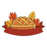 tarte sucrée de Thanksgiving délicieuse avec des feuilles et un cadre de ruban vecteur
