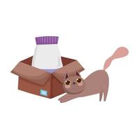 Chat brun avec emballage alimentaire dans une boîte en carton animaux vecteur