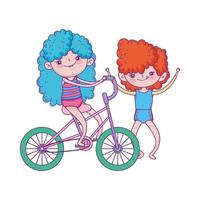 bonne fête des enfants, fille à vélo et dessin animé en plein air garçon vecteur