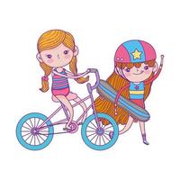 bonne fête des enfants, jolie fille planche à roulettes et vélo dans le parc vecteur