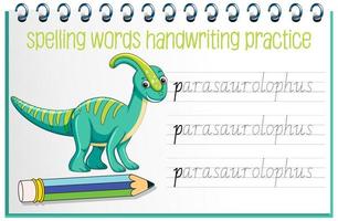 Orthographe des mots feuille de travail de l'écriture manuscrite des dinosaures vecteur