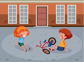 Deux enfants blessés à la joue et au bras après avoir fait du vélo sur une scène de rue vecteur