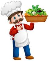 Chef homme tenant le personnage de dessin animé de seau de légumes isolé sur fond blanc vecteur
