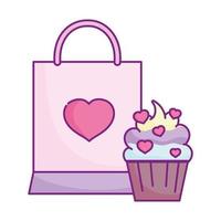 joyeuse saint valentin, sac shopping cupcake coeurs amour célébration romantique vecteur