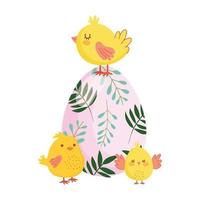 joyeuses pâques poulets mignons oeuf coloré fleurs feuillage nature vecteur