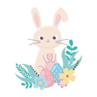 joyeuses pâques lapin mignon et oeufs fleurs feuillage dessin animé vecteur