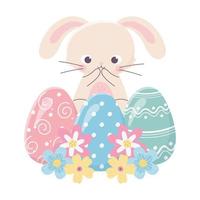 joyeux jour de pâques, mignon lapin oeufs délicats fleurs vecteur