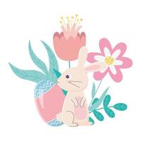 joyeuses fêtes de pâques, fleurs d'oeuf de lapin décoration de feuilles de folaige vecteur