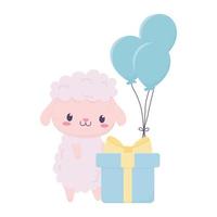 joyeux anniversaire mouton mignon avec dessin animé animal cadeau et ballons vecteur