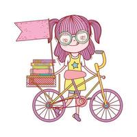 jolie fille avec des livres en vélo avec dessin animé de drapeau vecteur