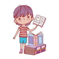 petit garçon tenant livre ouvert livres empilés design isolé