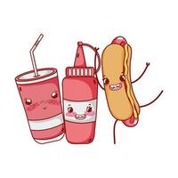 Fast-Food mignon sauce hot dog et dessin animé de soda tasse en plastique vecteur