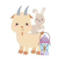 camping mignon chèvre et lapin avec dessin animé de lanterne vecteur