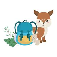 camping mignon cerf lapin et sac à dos dessin animé de feuillage vecteur