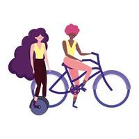 transport écologique, jeunes femmes parlant et faisant du monocycle et du vélo