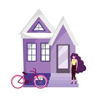 Transport écologique, jeune femme vélo à l'extérieur de la maison vecteur