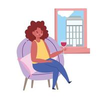 restaurant distance sociale, femme avec verre de vin regardant la fenêtre garder une distance de sécurité, prévention coronavirus covid 19 vecteur
